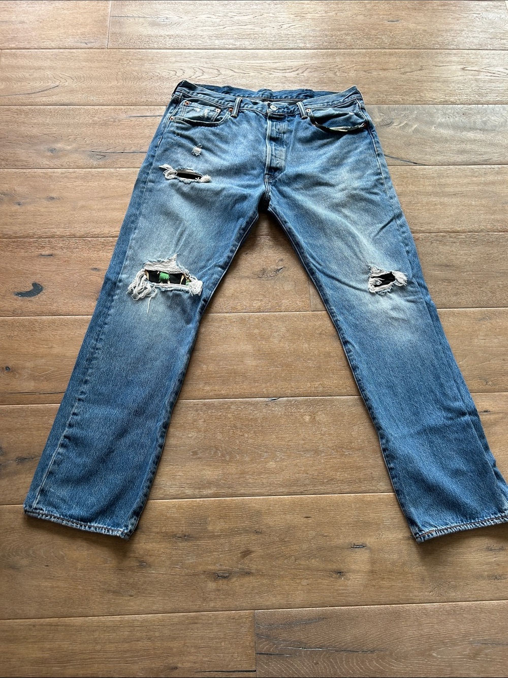 Levi’s Customized Men's 501 Straight Fit Ripped Denim Jeans - Blue
